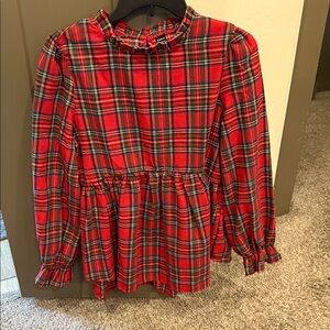 SHEIN Red and Green Plaid Ruffle Blouse